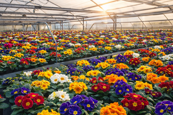 Bunte Blumen in einem Gewächshaus, angestrahlt von der Morgensonne.
