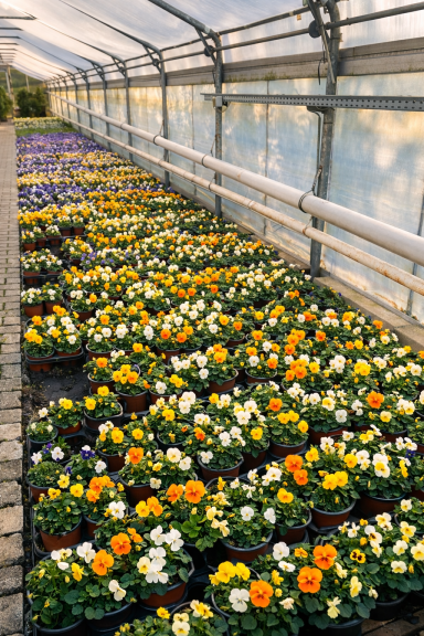 Bunte Blumenpflanzen in Töpfen in einem Gewächshaus, gepflegte Reihen.